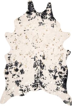 a black and white cowhide rug with spots on the top, it's surface