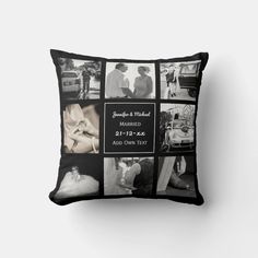 black and white photo collage pillow with wedding pictures on the front, back and sides