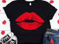 Gildan branded shirt. Shirt Comes in light pink, dark pink, white, black, red, gray, purple, yellow, navy blue, royal blue. Select the option below. Women's cut. True to size. 100% cotton crewnecks. Vinyl design THE LIPS WILL BE RED ON ALL THE SHIRT COLORS EXCEPT ON THE RED SHIRT IT WILL BE BLACK LIPS. Kisses Shirt, Lipstick Gift, Lip Logo, Kiss Pink, Valentines Day Shirt, Black Lips, Girls Top, Pink Dark, Valentines Day Shirts