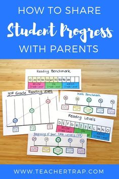 three student progress sheets with text overlay that says how to share student progress with parents