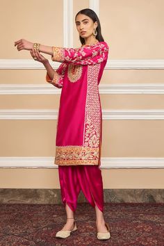 Hot pink short kurta with Kashmiri tilla, gota applique embroidery in floral pattern. Paired with dhoti pant. - Aza Fashions Tredishnal Outfit, Semi-stitched Katan Silk Traditional Wear With Dabka, Dabka Embellished Katan Silk Traditional Wear For Festivals, Bollywood Style Katan Silk Traditional Wear With Dabka, Festival Katan Silk Traditional Wear With Dabka, Bollywood Style Dabka Traditional Wear In Katan Silk, Festival Traditional Wear In Katan Silk With Dabka, Navratri Jamawar Palazzo Set With Dabka, Traditional Dola Silk Palazzo Set With Dabka