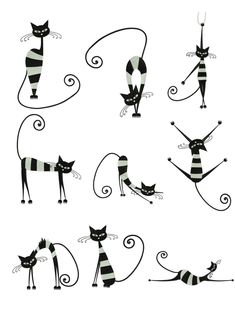 black and white cat silhouettes with different poses on their backs, arms and legs