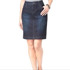 Nwt. Size 4 Mid-rise Fitted Lined Skirt, Fitted Knee-length Dark Wash Skirt, Fitted Blue Denim Pencil Skirt, Classic Fitted Dark Wash Skirt, Blue Stretch Denim Pencil Skirt, Stretch Blue Denim Pencil Skirt, Mid-rise Blue Skirt For Work, Blue Mid-rise Skirt For Work, Fitted Dark Wash Pencil Skirt