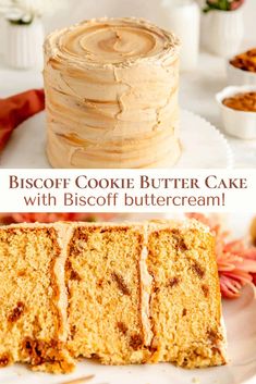 a cake on a plate with the words biscott cookie butter cake with biscoff buttercream