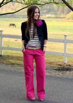 With striped shirt, blazer and beige belt How To Dye Clothes, Hot Pink Pants, Diy Pants, Fashion Inspiration Board, Blazer Outfits