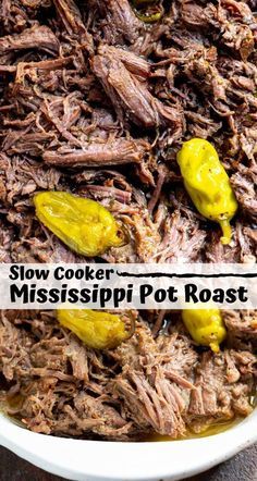 slow cooker mississippi pot roast recipe in a white bowl with yellow peppers on top