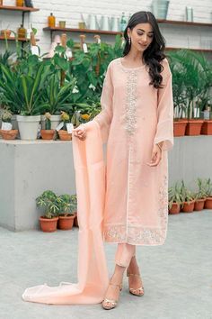 Exquisite STRIKING PEACH Korean Raw Silk Ensemble with Cutwork & Sequins  | Luxury Collection - Latest Pakistani Punjabi Suits Salwar Kameez Designer Wear. Luxury Pret, Salwar Kameez Designs, Intricate Embroidery, Luxury Collection, Punjabi Suits, Cut Work, Designer Wear, Raw Silk, Three Piece