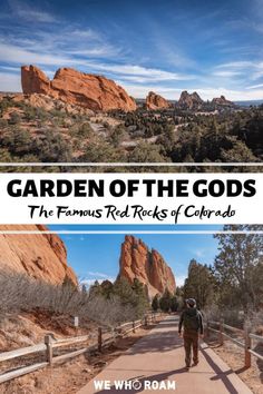 the garden of the gods and the famous red rocks of colorado are featured in this postcard