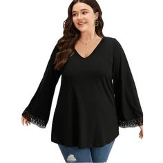 Elevate Your Wardrobe With This Stunning Bloomchic Top. The Black Polyester Blend Fabric Is Complemented By Exquisite Lace Details, Accentuated By Ruffle Sleeves And A Flattering V-Neckline. The Top Has A Regular Fit And Pullover Closure, Making It Easy To Wear For Any Occasion. This Versatile Piece Is Perfect For The Winter, Fall, And Spring Seasons. The Top Is A Size M And Has Beautiful Embroidered Details, Giving It An Extra Touch Of Elegance. This Basic Style Top Is Perfect For Enhancing Any Casual V-neck Lace Top With Lace Sleeves, Casual Stretch Lace Top With Lace Sleeves, Casual Tops With Lace Long Sleeves, Casual Long Sleeve Tops With Lace Sleeves, Chic Cotton Tops With Lace Sleeves, Black Long Sleeve Tops With Lace Sleeves, Black Long Sleeve Top With Lace Sleeves, Casual V-neck Blouse With Lace Sleeves, Casual Long Sleeve Lace Trim Top