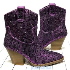 Be Sparkly And Stylish In These Blingy Rhinestone Cowboy Boots New In Box Faux Leatherette Rhinestone Encrusted Uppers Lightly Padded Insole Chunky Block Heels Heel Height: 3 In. Fitting: True To Size. Regular Fit. Rhinestone Cowboy Boots, Blowfish Boots, Purple Booties, Crocodile Boots, Rhinestone Cowboy, Chestnut Boots, Cowboy Ankle Boots, Cutout Heels, Brown Suede Boots