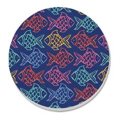 an image of colorful fish pattern on a blue background round magnets set of 4