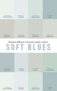 some blue and white paint colors with the words summerhouse's favorite paint colors