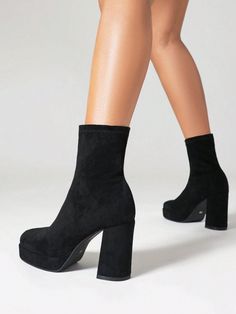 Women's Chunky Heel Waterproof Platform Short Boots With Square Toe, Elastic Fall Winter Ankle Boots Black Fashionable    Plain Sock Boots  Spring/Fall,Winter Women Shoes, size features are:Bust: ,Length: ,Sleeve Length: Socks With Platform Heels, Sock Heels, Spring Boots, Sock Boots, Womens Chunky Heels, Winter Ankle Boots, Ankle Boots Black, Short Boots, Chunky Heel