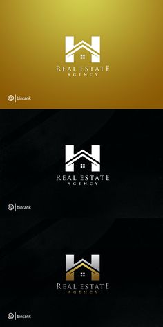 the real estate logo is shown in three different colors and font styles, including black, gold