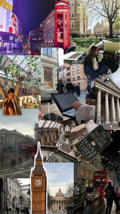 a collage of photos with people and buildings