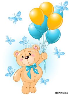 a teddy bear holding balloons in the air with butterflies around it - miscellaneous objects illustrations