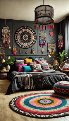 a bedroom with black walls and colorful rugs