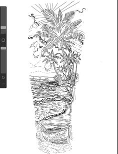 a pencil drawing of a palm tree in a vase with water and rocks on the beach