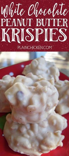 white chocolate peanut butter krispies on a red plate