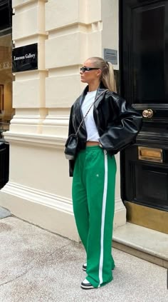 Green Adidas Track Pants Outfit, Green Adidas Pants Outfit, Sport Aesthetic Outfit, Green Track Pants Outfit, Adidas Firebird Pants Outfit, Casual Green Outfit, Dark Green Outfit, Green Leather Dress, Green Outfit Aesthetic