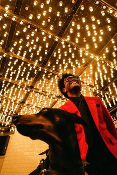 a man in a red jacket and black tie standing next to a horse statue with lights on the ceiling behind him