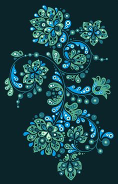 a blue and green floral design on a black background