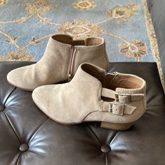 Clarks Beige Suede Bootie. Size 8. Never Worn Casual Low Heel Booties With Buckle, Casual Low Heel Booties With Buckle Closure, Casual Booties With Buckle Closure And Round Toe, Spring Booties With Buckle Closure, Casual Low Heel Suede Booties, Casual Suede Booties With Low Heel, Spring Almond Toe Boots With Buckle Closure, Womens Clarks, Clarks Shoes