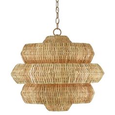 a chandelier made out of wicker hanging from a chain