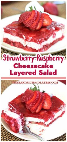 strawberry raspberry cheesecake layered salad on a plate