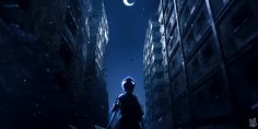 a man standing in the middle of an alley way at night