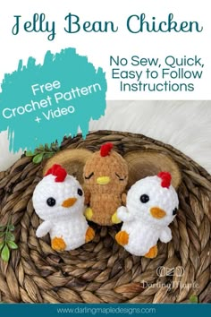 two crocheted chickens sitting in a basket with text overlay that says jelly bean chicken