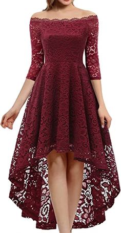 Dressystar Women's Lace Cocktail Dress Hi-Lo Off Shoulder Bridesmaid Swing Formal Party Dress Off Shoulder Bridesmaid, V Neck Cocktail Dress, Formal Dresses With Sleeves, Lace Cocktail Dress, Lace Dress Vintage, Formal Party Dress, Solid Color Dress, Women's Evening Dresses