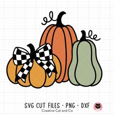 three pumpkins with checkered bows on them, and the words svg cut files - png dxf