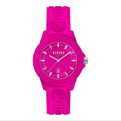 Versus Versace Tokyo R Strap Modish Watch Nwt Hot Pink 43mm Case 5 Atm Ardillon Buckle 3 Hand Date Quartz Movement Pink Analog Watch Accessories With Round Dial, Pink Analog Watch With Round Dial, Luxury Pink Analog Watch, Versace Watches Women, Versus Versace Watch, Fancy Logo, Watches Logo, Versace Pink, Black Leather Watch