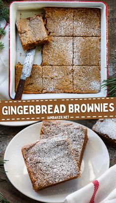 one image shows a pan of gingerbread brownies cut into nine pieces, with one removed, and a wood handled knife in the pan. The second image shows two gingerbread brownies on a white plate with another brownie behind it. Christmas Meal Desserts, Gingerbread Brownies I Am Baker, Christmas Desserts Bars, Unique Easy Dessert Recipes, Advent Food Ideas, Ginger Bread Brownies, Autumn Sweet Treats, Small Batch Christmas Desserts, New Bakery Ideas