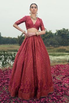 Magenta vegan silk lehenga with an attached cancan and chikankari and thread weaving pattern. Comes with a padded blouse and a dupatta. - Aza Fashions Brocade Sets With Chikankari Embroidery For Reception, Fitted Banarasi Silk Sharara With Intricate Embroidery, Fitted Art Silk Lehenga With Chikankari Embroidery, Navratri Silk Choli With Chikankari Embroidery, Fitted Brocade Sets With Chikankari Embroidery, Red Lehenga With Chikankari Embroidery For Wedding, Fitted Palazzo Set With Pallu In Dola Silk, Fitted Raw Silk Lehenga With Chikankari Embroidery, Fitted Banarasi Silk Lehenga For Reception