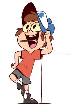 a cartoon boy leaning on a wall with his tongue out and wearing a hat over his eyes