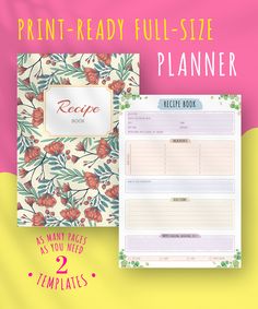 a recipe book with flowers on it next to a pink and yellow banner that says recipe