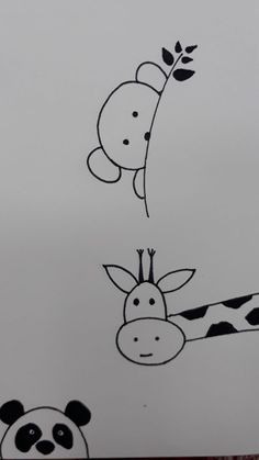 two drawings of giraffes and a panda bear