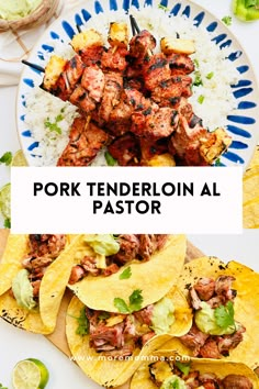 pork tenderloin al pastora on a plate with tortillas and lime wedges