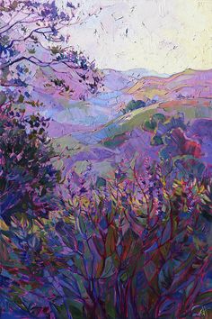 an oil painting of trees and mountains in the distance with purple, blue, green and yellow colors