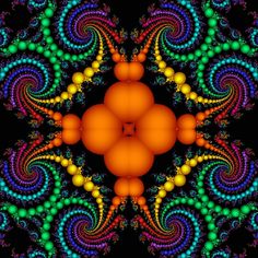 an orange and blue circular design on a black background with lots of smaller circles in the center