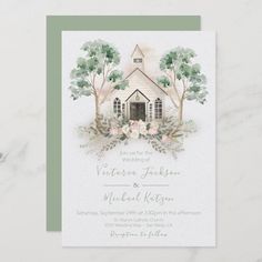 a wedding card with an image of a church and trees on it, in pastel green