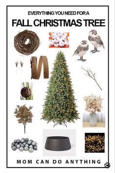 a christmas tree surrounded by other items and words that read, everything you need for a fall christmas tree