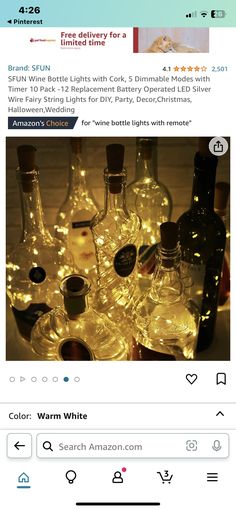 an image of bottles with lights in them on the screen and below it, there is a description for each bottle