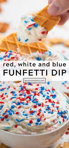 red, white and blue funfetti dip in a bowl with crackers on the side