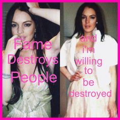 two women in white dresses with pink and black text over them that says fame and destroys the people