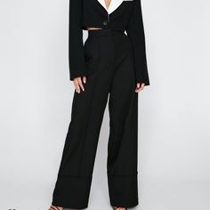 This Is A Part Of A Set, Crop Blazer Can Be Found In My Closet) Style: Wide Leg Trousers Fabric: Woven Length: Regular Black Wide-leg Pantsuit For Fall, Black Full-length Pantsuit For Fall, Black Full-length Pantsuit For Spring, Black Full Length Pantsuit For Spring, Black Spring Pantsuit With Pockets, Spring Black Pantsuit With Pockets, Black High-waisted Pantsuit With Pockets, Spring Black High-waisted Pantsuit, Black Wide-leg Pantsuit For Night Out