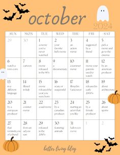 an october calendar with pumpkins and bats