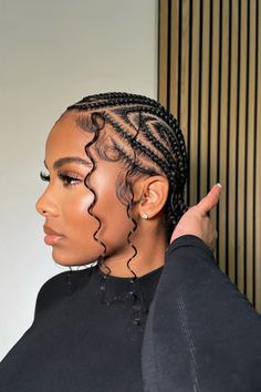 Braided Bun Hairstyles Cornrows With Curls In A Bun, Cornrows With A Bun, Styled Cornrows Black Women, Goddess Cornrows With Curls, Curly Cornrows Braids For Black Women, Braided Bun Black Women, Braids Into Buns For Black Women, Braid Two Buns, Fulani Braids Bun